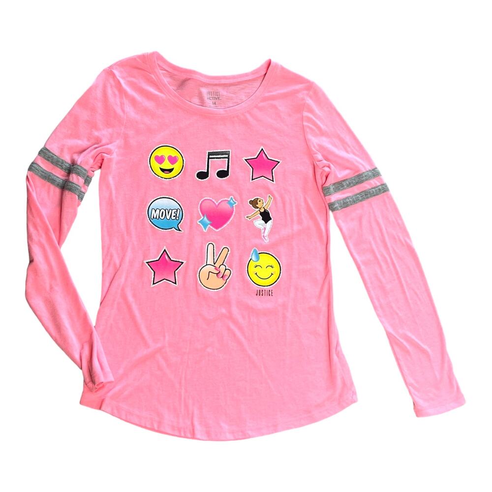 Justice Active Pink Long Sleeve TEE SHIRT Top Girls 14 Barbiecore Glitter Emoji